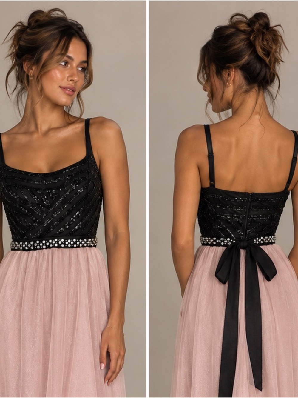 Love Reign Black Beaded Bodice Blush Tulle Maxi Dress